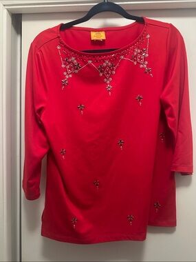 Embellished Red Jewel-Neck Long Sleeve Top